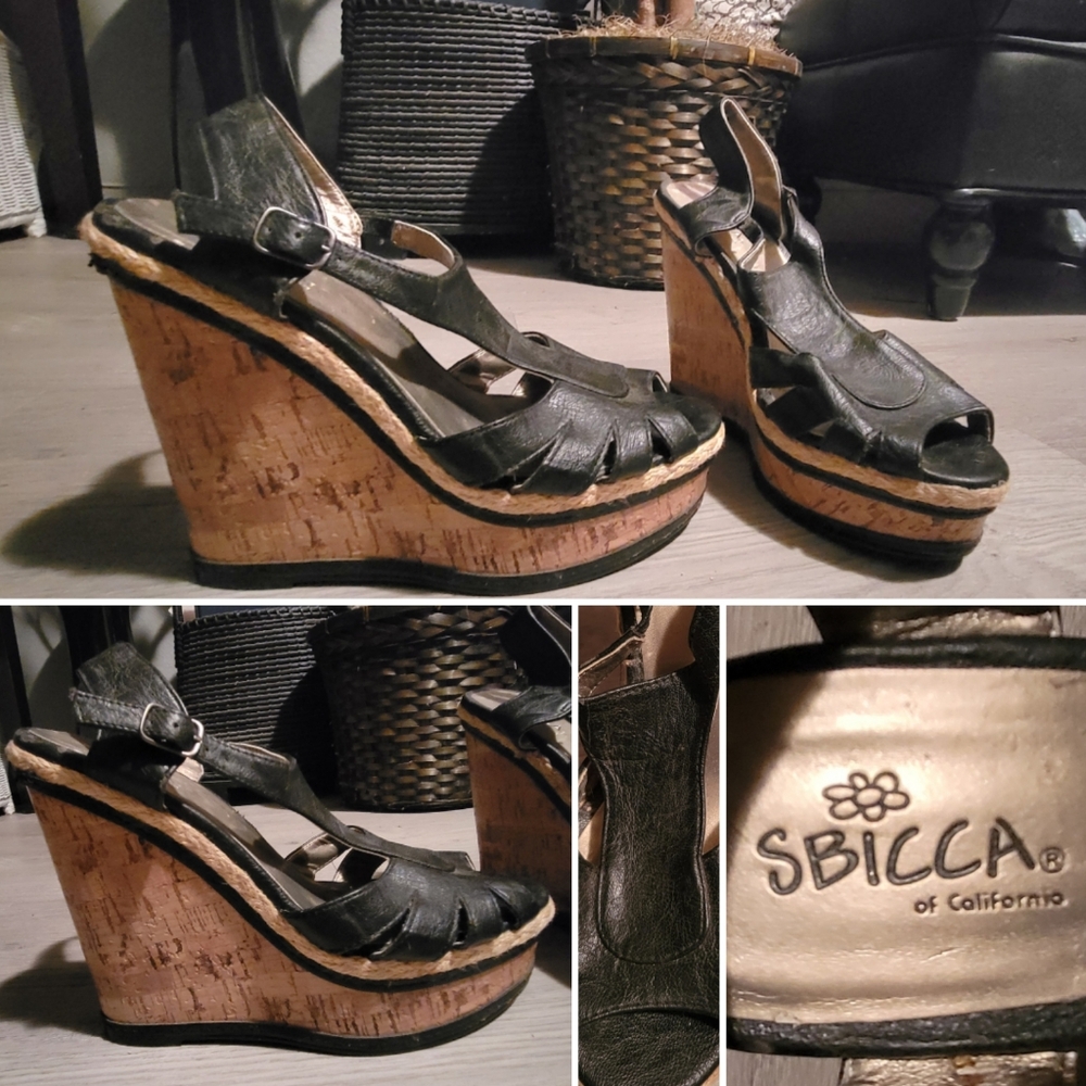 Sbicca Cork Wedge Black Man-made Leather Estelah Sandals (Women's 9)